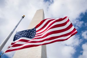 American flag in front of Washington Monumnet