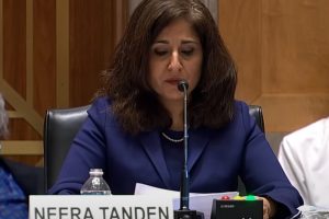 Neera Tanden delivering opening statement at her Senate Homeland Security and Governmental Affairs Committee confirmation hearing on February 9, 2021. Image via C-SPAN screen capture.