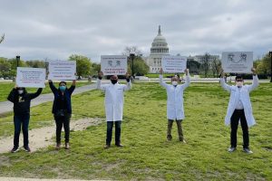 IHealthcare workers protesting against green card backlog in Washington, DC, on April 12.