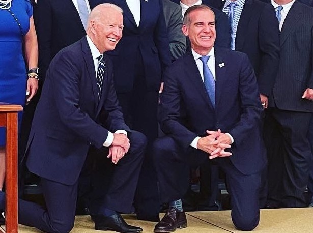 President Joe Biden with Los Angeles Mayor Eric M. Garcetti (right) at a reception for the 2020 World Series Champions Dodgers at the White House on July 2, 2021.