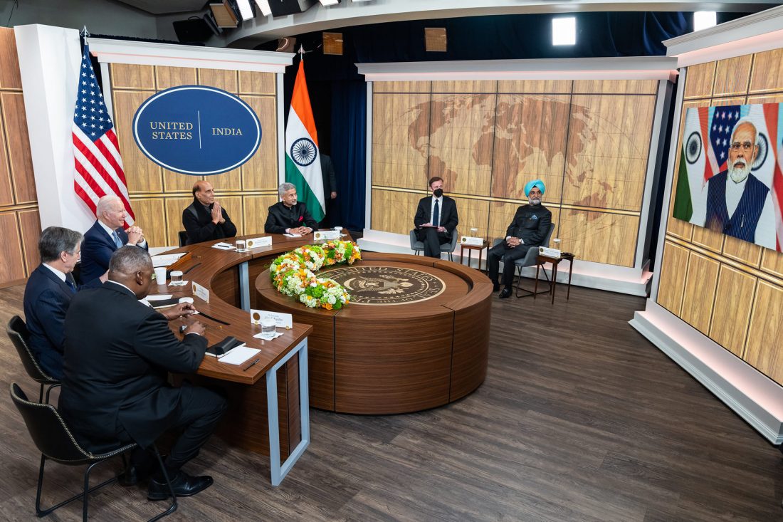 At a virtual summit held by President Joe Biden and Prime Minister Narendra Modi on April 11, 2022, the two leaders were joined by Secretary of State Antony Blinken, Defense Secretary Lloyd Austin, and National Security Advisor Jake Sullivan from the US, and External Affairs Minister S. Jaishankar, Defense Minister Rajnath Singh, and Ambassador Taranjit Singh Sandhu constituting the Indian delegation.