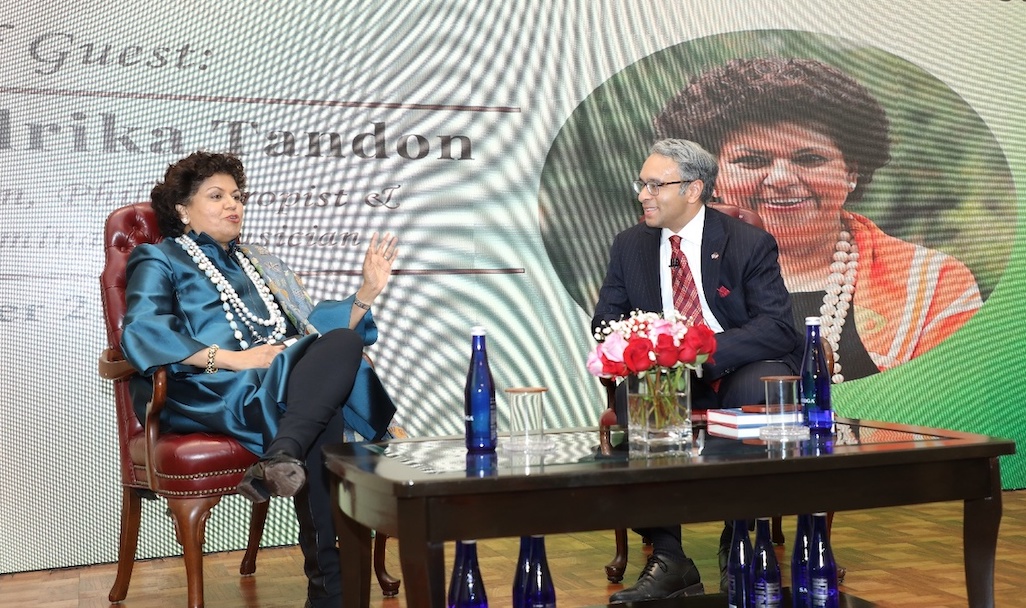 Chandrika Tandon and Gautam Mukunda in a fireside chat with students from India