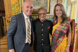 Utah Gov. Spencer Cox and First Lady Abby Palmer Cox, with Indian American venture capitalist and philanthropist Dinesh Patel (center) at the Diwali celebration hosted by the governor at his official mansion on Nov. 1.