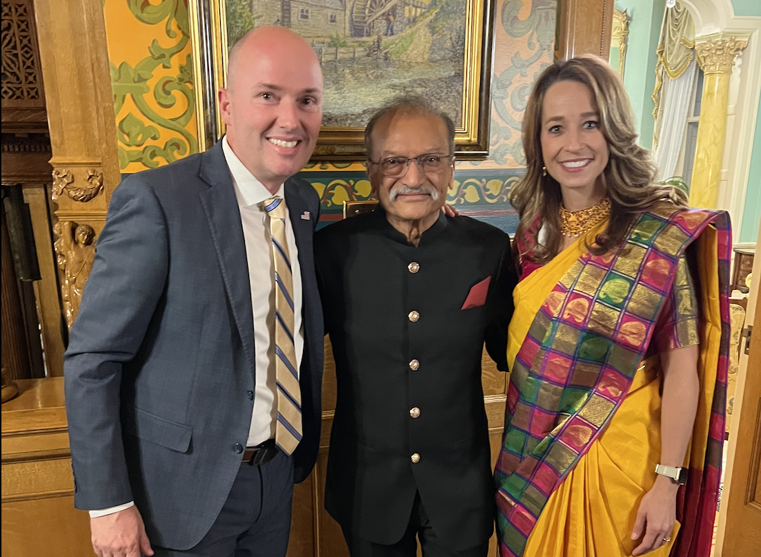 Utah Gov. Spencer Cox and First Lady Abby Palmer Cox, with Indian American venture capitalist and philanthropist Dinesh Patel (center) at the Diwali celebration hosted by the governor at his official mansion on Nov. 1.