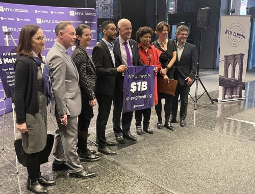 Indian American Chandrika Tandon (third from right) with New York University President Andrew Hamilton (fourth from right) and other university officials where $1 billion investment in Tandon School of Engineering was announced.