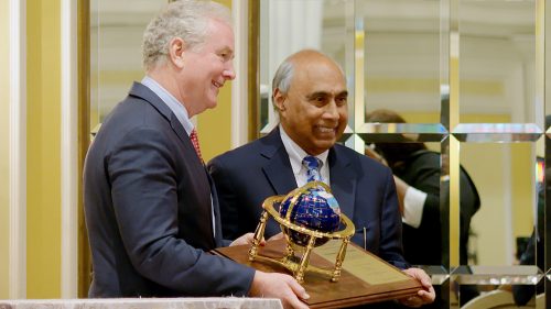 Sen. Chris Van Hollen (D-MD) receiving the â€œKing Legacy Award for Leadership in Government and Public Serviceâ€ from Indian American philanthropist Frank F. Islam at the 31st â€œInternational Salute to the Life and Legacy of Dr. Martin Luther King, Jr. Breakfast Celebrationâ€ in Washington, DC, on January 15, 2023.