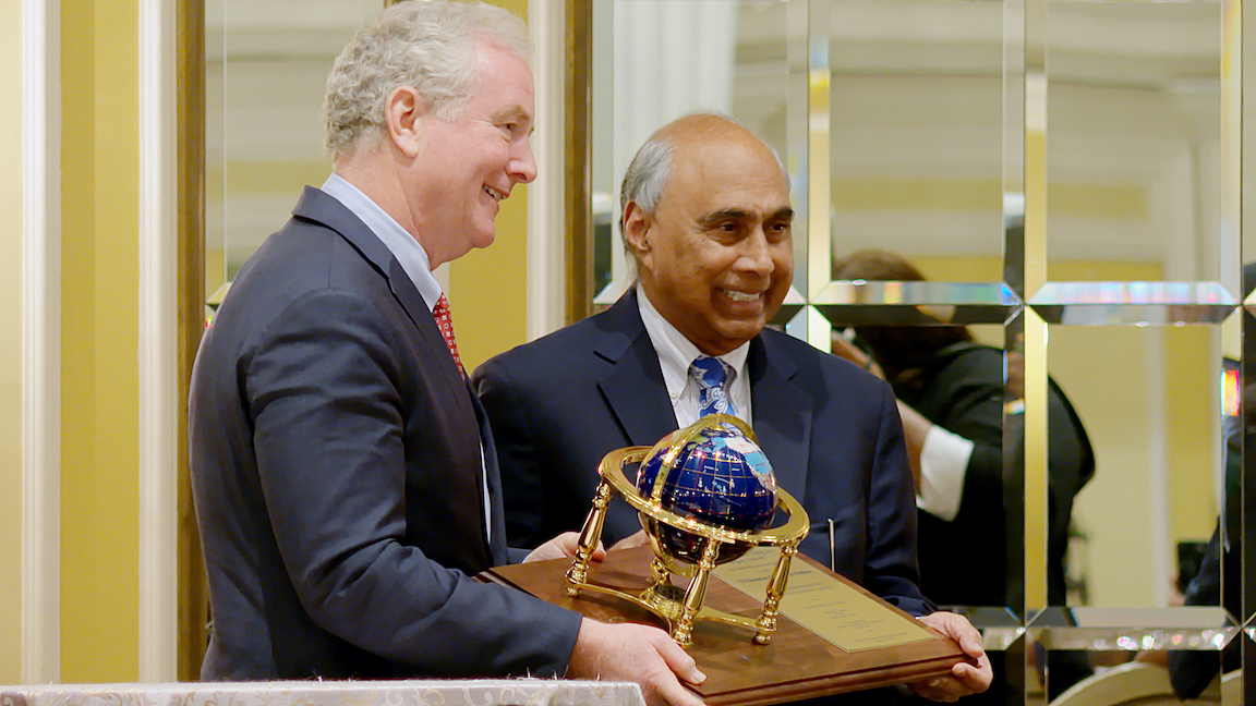 Sen. Chris Van Hollen (D-MD) receiving the “King Legacy Award for Leadership in Government and Public Service” from Indian American philanthropist Frank F. Islam at the 31st “International Salute to the Life and Legacy of Dr. Martin Luther King, Jr. Breakfast Celebration” in Washington, DC, on January 15, 2023.