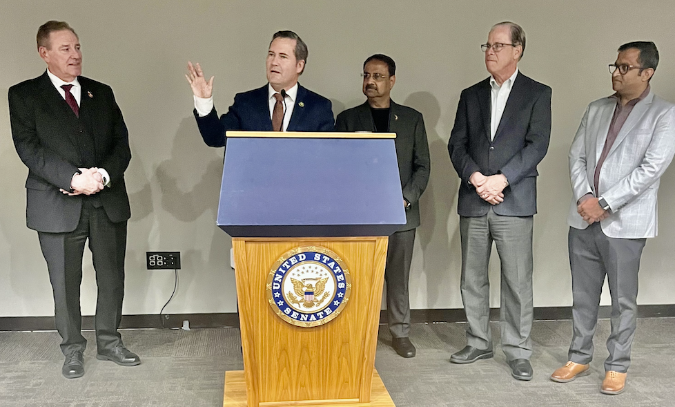 Reps. Mike Waltz (R-FL) addressing delegates of the Asian American Hotel Owners’ Association at a congressional reception hosted by the organization in Washington, DC, on March 7, 2023. Looking on are (from left to right) Rep. Neal Dunn, AAHOA Government Affairs Committee Chair Danny Gaekwad, Sen. Mike Braun (R-IN) and member of the AAHOA Florida Regional Rahul Patel.