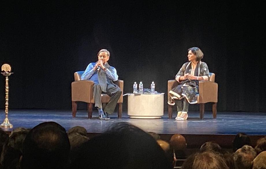 Indian author and parliamentarian Shashi Tharoor speaking at the third annual DC South Asian Literary Festival in Rockville, MD, on May 5. The discussion was moderated by prominent immigration attorney Sheela Murthy (right).