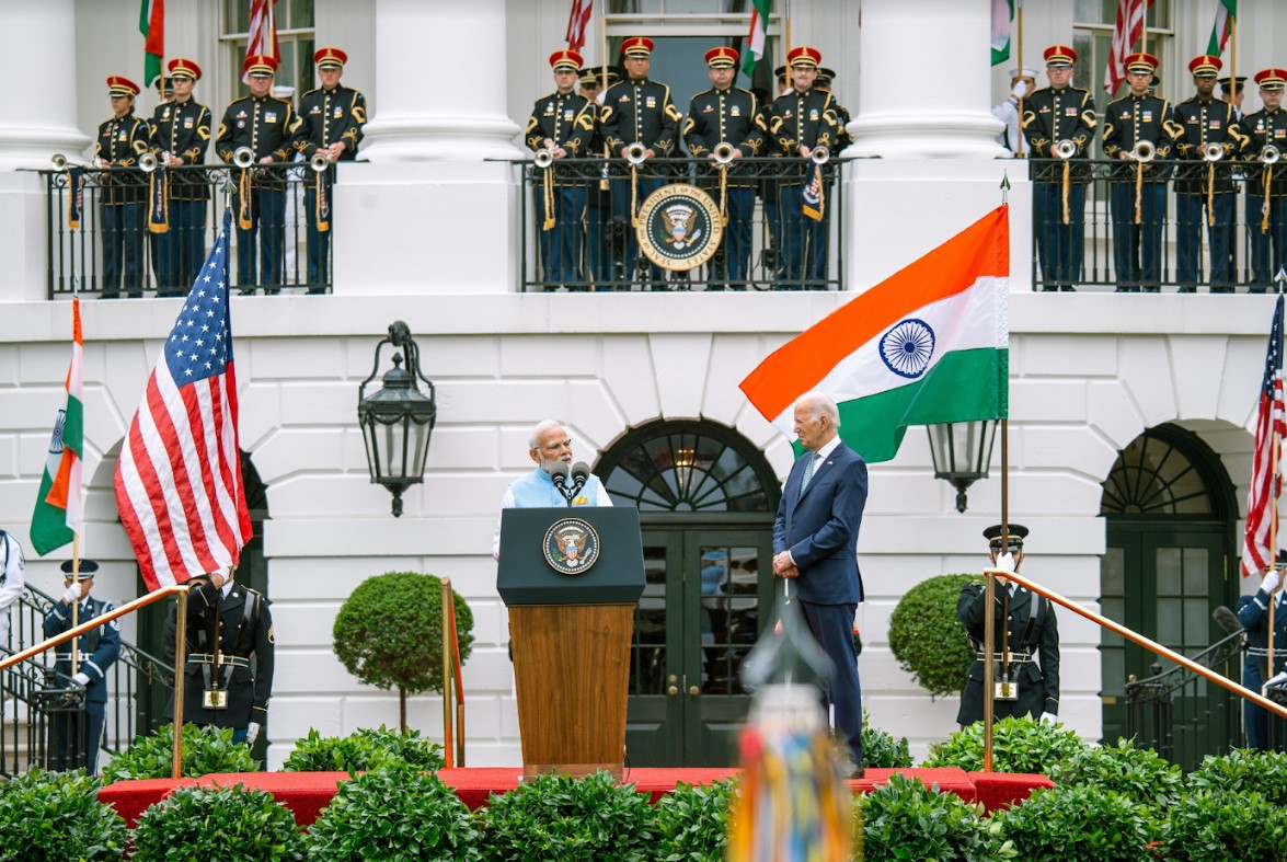 Indian Prime Minister Narendra Modi speaking at the arrival ceremony hosted in honor by President Joe Biden and First Lady Jill Biden on June 22, 2023. Photo by EK Balachandran
