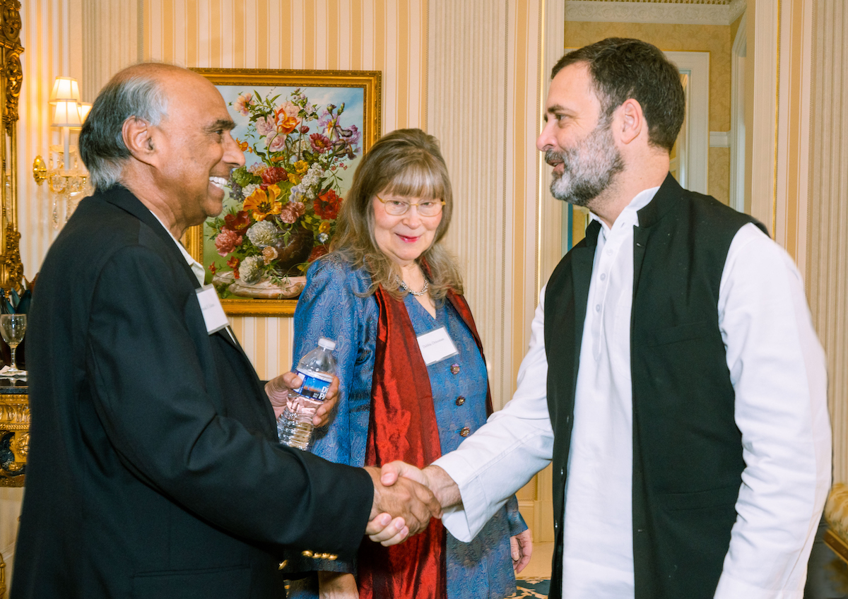 Indian American philanthropist and Democratic party donor Frank Islam (left) and his wife, Debbie Driesman, receiving Indian opposition leader Rahul Gandhi at their Potomac, MD, home on June 1, 2023. 