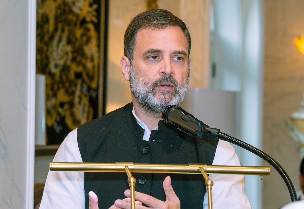 India's Congress party leader Rahul Gandhi speaking at a dinner at the Potomac, MD, home of Indian American philanthropist Frank F. Islam on June 1, 2023.