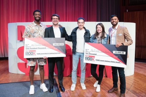 The founders of Active Surfaces, including (second from left) Richard Swartout and (far right) Shiv Bhakta, celebrate winning this yearâ€™s MIT $100K Entrepreneurship Competition.